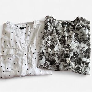 Bundle of 2 Black & White Sheer Blouses - Floral Print & Star Pattern